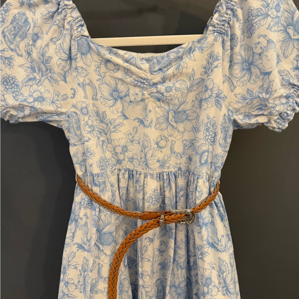 Blue Floral Kids Dress with Tan Belt